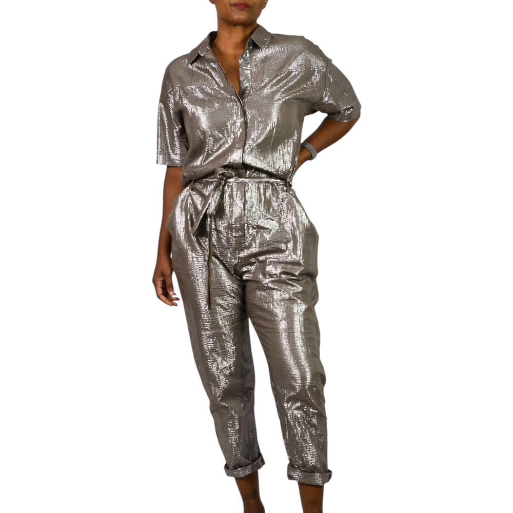 Xirena Theo Metallic Jumpsuit Brown Metallic Shimmer Cotton Lurex Belted Small